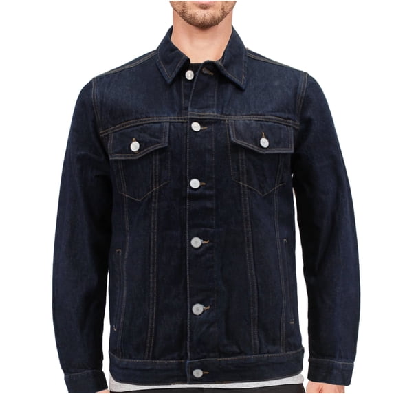 Men’s Cotton Button Up Casual Unlined Denim Classic Trucker Jean Jacket (Dark Blue, L)