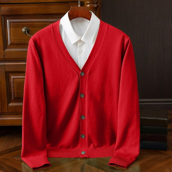 Men's Cotton Cardigan Sweater Long Sleeve V Neck Soft Knit Button Up Sweaters Outerwear Stretch Casual Coats (XL, Red)