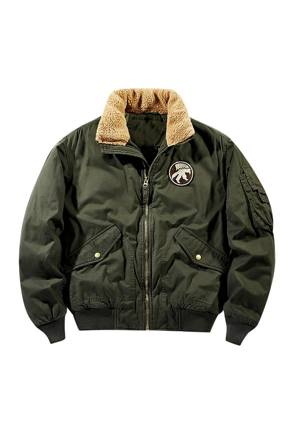 Men's Cotton Cargo Jacket Winter Sherpa Fleece Lined Work Jacket Coats Sherpa Trucker Jacket for Men Thick Thermal Lapel Cargo Jacket Aviator Coat