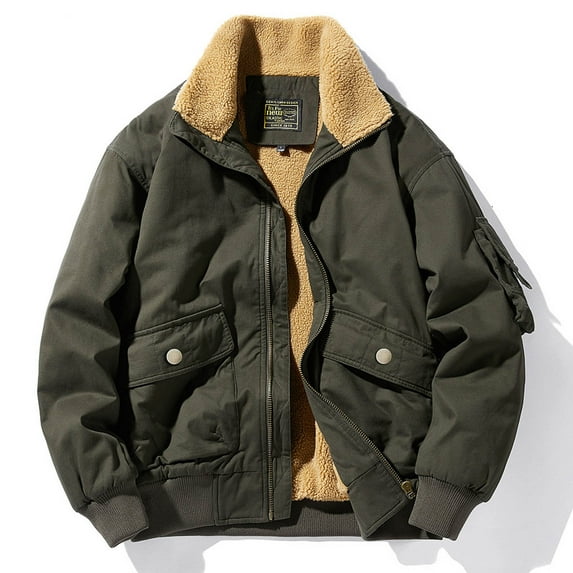 Men's Cotton Cargo Jacket Winter Sherpa Fleece Lined Work Jacket Coats Sherpa Trucker Jacket for Men Thick Thermal Lapel Cargo Jacket Aviator Coat