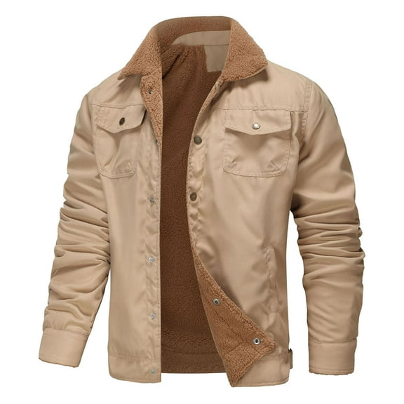 Men's Cotton Cargo Jackets Winter Lined Jackets Trucker Jacket,Khaki,3XL