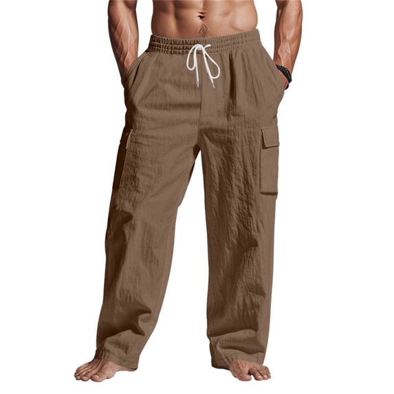 Men's Cotton Cargo Pants Mulit Pockets Drawstring Waisted Loose Straight Trousers Coffee S