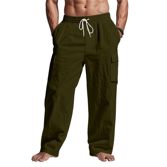 Men's Cotton Cargo Pants Mulit Pockets Drawstring Waisted Loose Straight Trousers Army Green M
