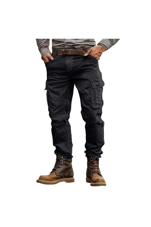 Men's Cotton Cargo Pants with Multi Pockets Athletic Work Trousers Wide-Leg Running Slacks Fashion Casual Pants Workout Hiking Slack Solid Trendy Outfits 2026 Spring Fall Pants Black 36