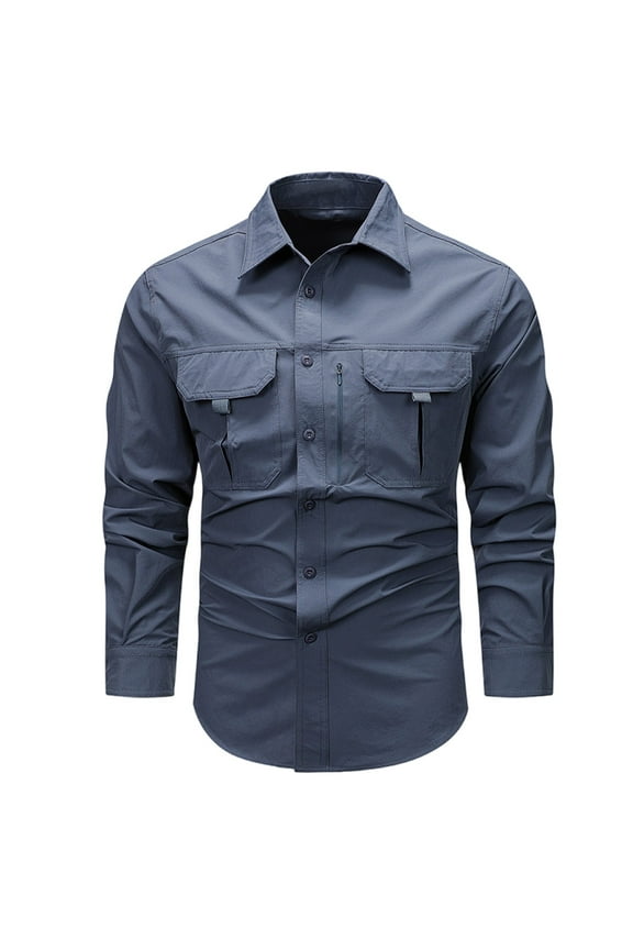 Men's Cotton Cargo Shirt Stylish Long Sleeve Button Down Outdoor Sun Protection Fishing Hiking Shirts with Pockets