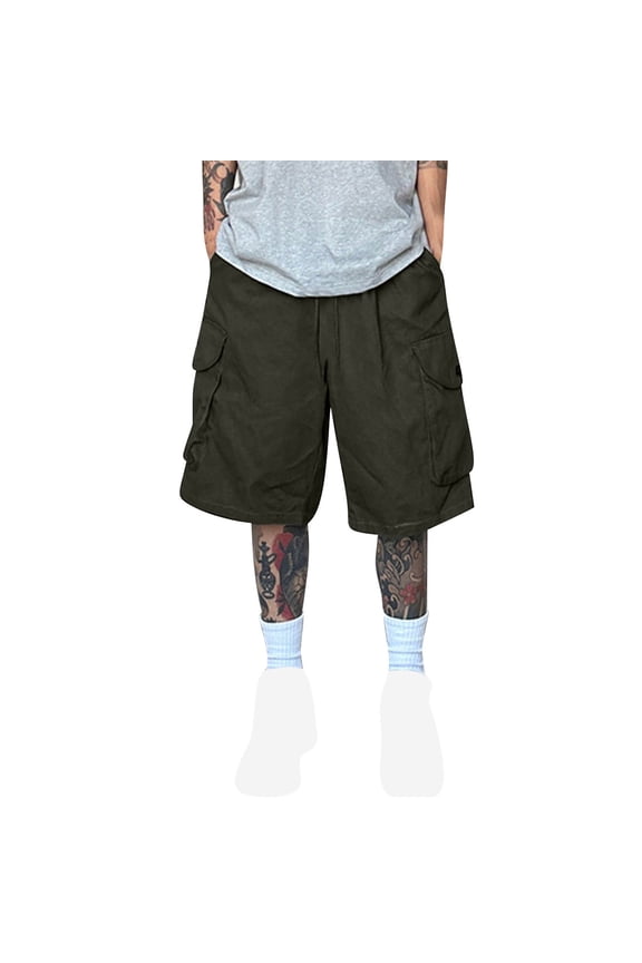 Men's Cotton Cargo Shorts 10" Inseam Elastic Waist Drawstring Knee Length Short Pants for Hiking Outdoor Casual Fishing Camping, Solid Color Bermuda