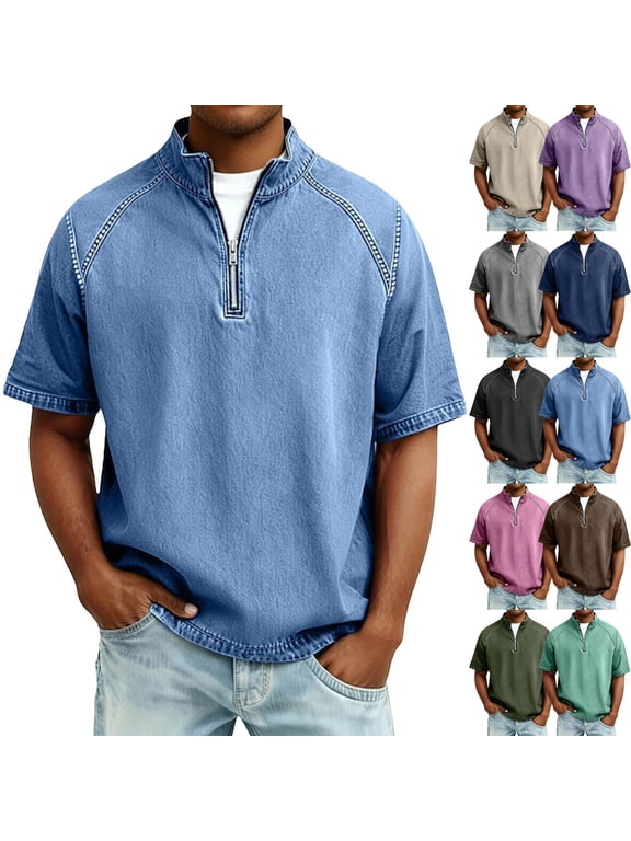 Men's Cotton Casual Short Sleeve Top, Summer Fashion Stand Up Collar Shirt Washed Worn Zipper Henley Lightweight Streetwear Soft T-Shirt for Beach Vacation | Zenithor,Army Green L