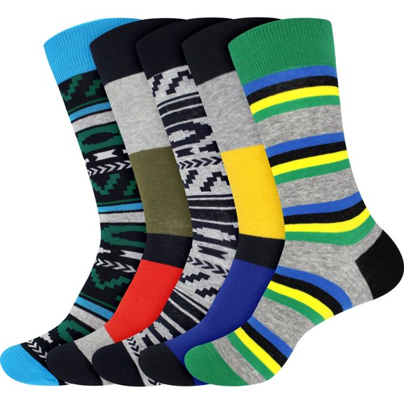 BambooMN Men's Colorful Cotton Design Novelty Dress Socks - Assortment 5A - 5 Pairs