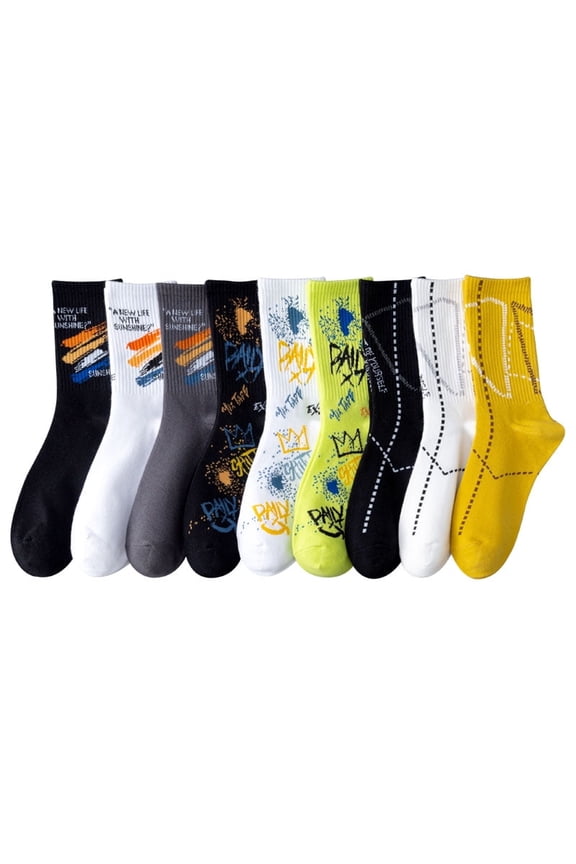 Men's Graffiti Funky Crew Socks, 9-Pack Novelty Colorful Streetwear Dress Socks, Combed Cotton Casual Socks with Hip-Hop Graphic Designs, Size 6-10