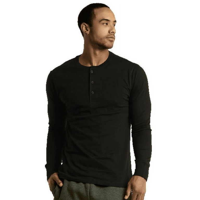 Men\'s Cotton Crew Neck Long Sleeve Henley Shirt / T Shirts, Black 3XL