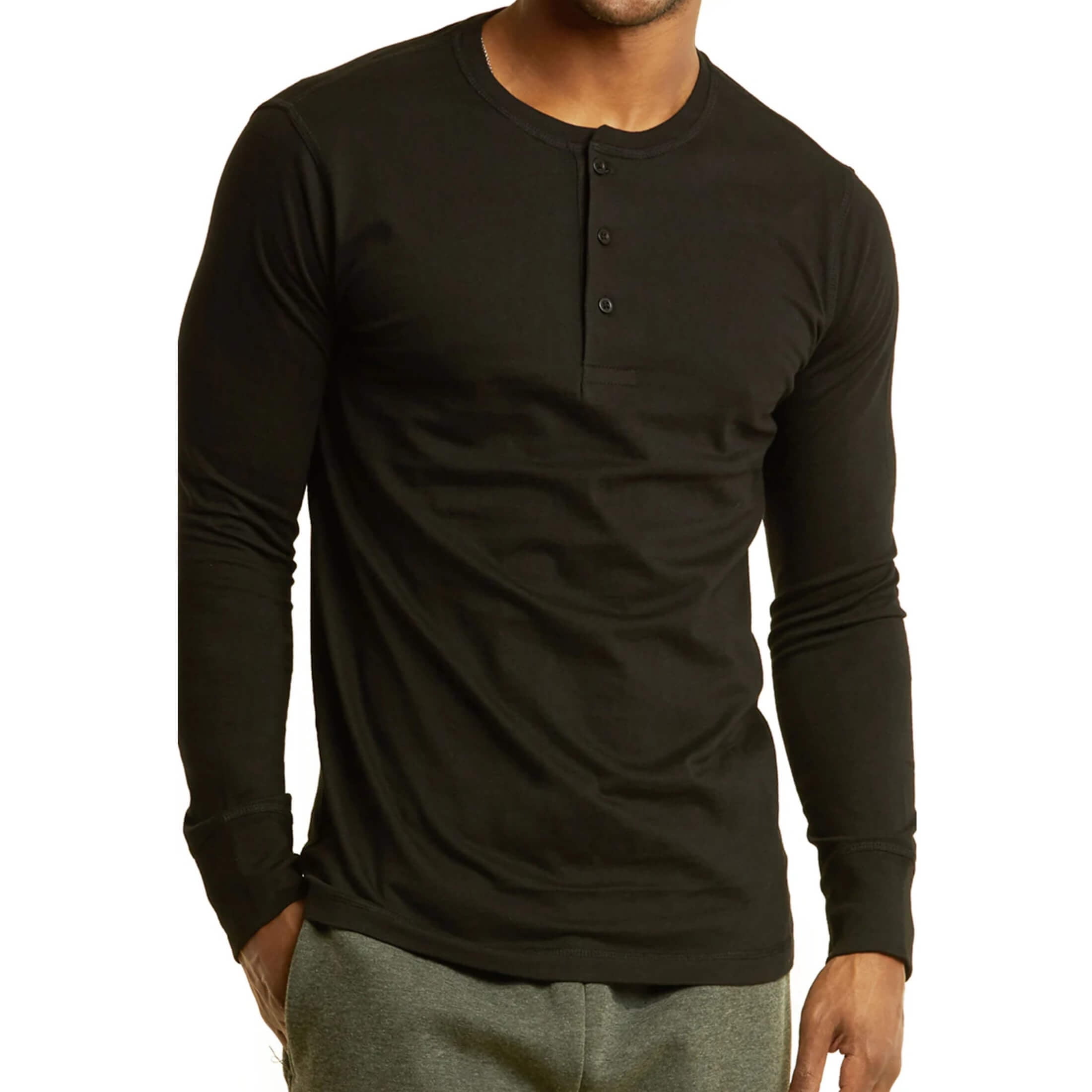 Men's Long Sleeve Cotton Henley T-Shirt, Black 3XL, Crew Neck ...