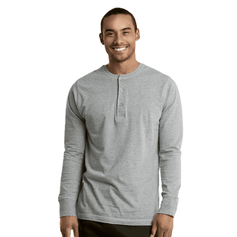 Men's Cotton Crew Neck Long Sleeve Henley Shirt / T Shirts, Heather Grey L