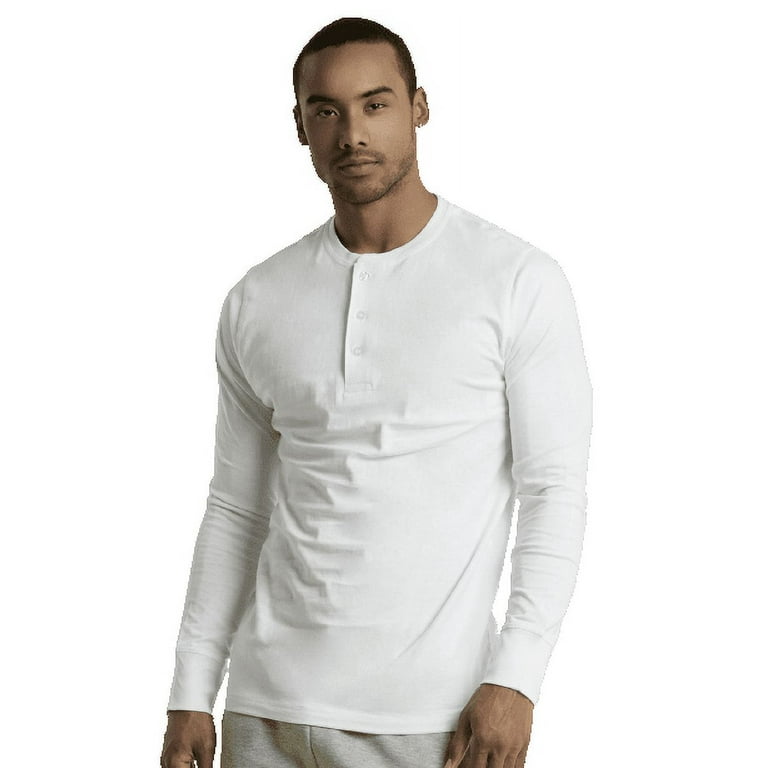 Men\'s Cotton Crew Neck Long Sleeve Henley Shirt / T Shirts, White L