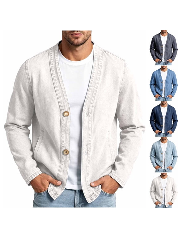 Men's Cotton Denim Button Down Cardigan Jacket Lightweight V Neck Long Sleeve Collarless Chambray Shacket for Casual Daily Wear Fall, White, M