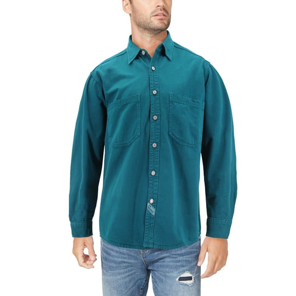 Men’s Cotton Denim Button Down Long Sleeve Casual Jean Dress Shirt (Teal, S)
