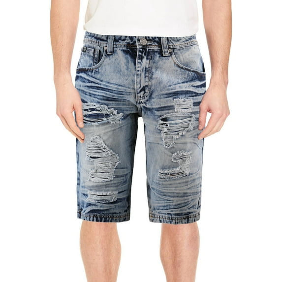 Men's Cotton Denim Light Faded Wash Ripped Distressed Casual Jean Shorts (MD Indigo, 30)