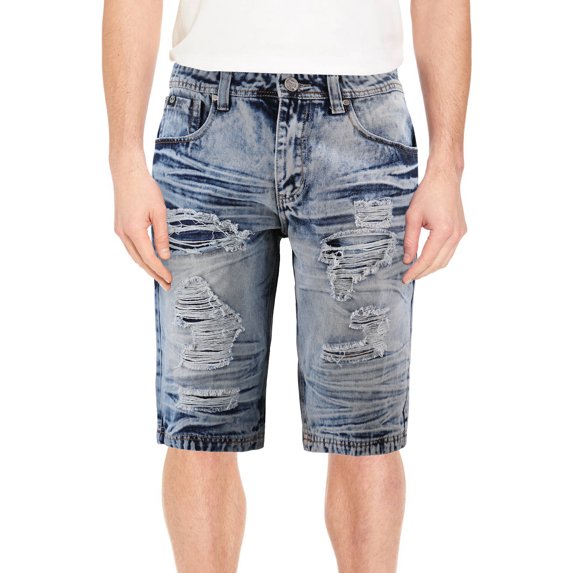 Men's Cotton Denim Light Faded Wash Ripped Distressed Casual Jean Shorts (MD Indigo, 36)