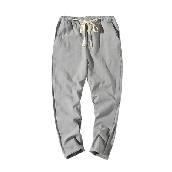 ZQUUVOU Men's Cotton Drawstring Casual Solid Color Washed Straight Leg Cropped Pants Gray