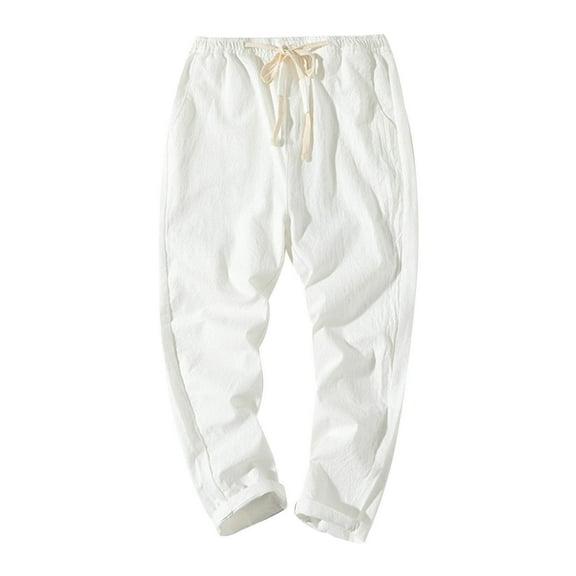 Men's Cotton Drawstring Casual Solid Color Washed Straight Leg Cropped Pants White