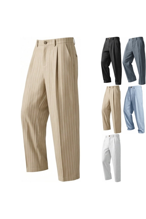 Men's Cotton Dress Pants Business Casual Pinstripe Pleated Straight Leg Trousers Old Money Style for Office Work Golf Fall, Khaki, XXXL