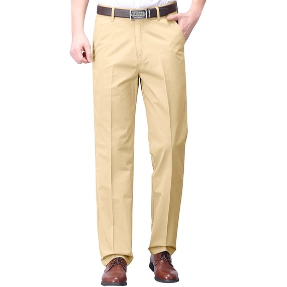 Men's Cotton Dress Pants Classic Fit, Non-Iron Wrinkle-Resistant Pleat Front Straight-Leg Business Trousers, Casual office Khaki Chinos Size 29-40 Khaki