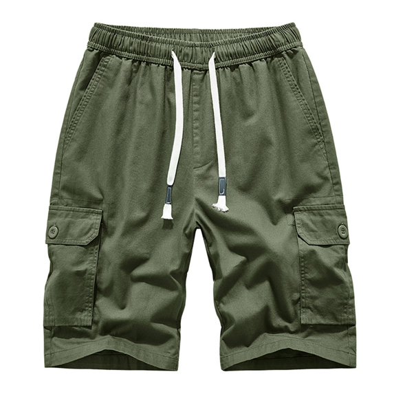 Men's Cotton Elastic Waist Cargo Shorts, Casual Loose-Fit Knee-Length Outdoor Shorts with Multi-Pocket for Hiking & Daily Wear ,Army Green L