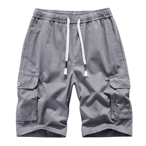 Men's Cotton Elastic Waist Cargo Shorts, Casual Loose-Fit Knee-Length Outdoor Shorts with Multi-Pocket for Hiking & Daily Wear ,Silver S