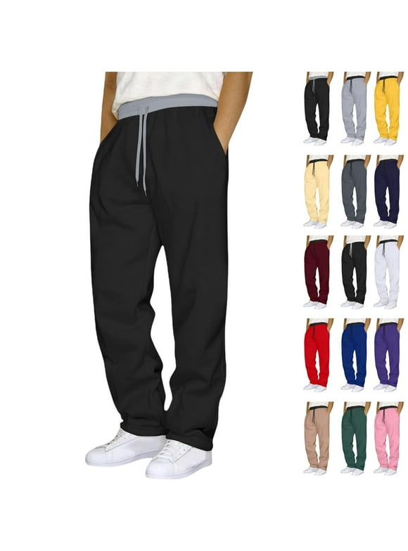 Men's Cotton Elastic Waist Sweatpants - Baggy, Wide Leg, Lounge Pants with Pockets for Daily Wear Black L