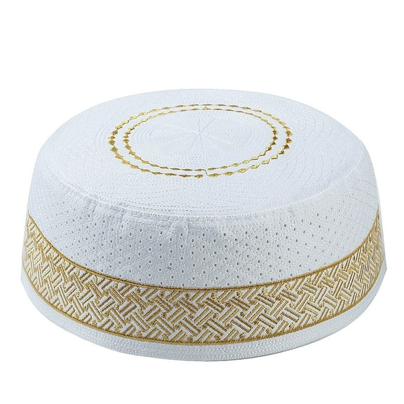 Men's Cotton Embroidered Flat Top Hat, Breathable Geometric Pattern Cap for Traditional Occasions, Lightweight Plain Weave Hat for Daily Use, Comfortable Structured Brimless Cap for Men Gold
