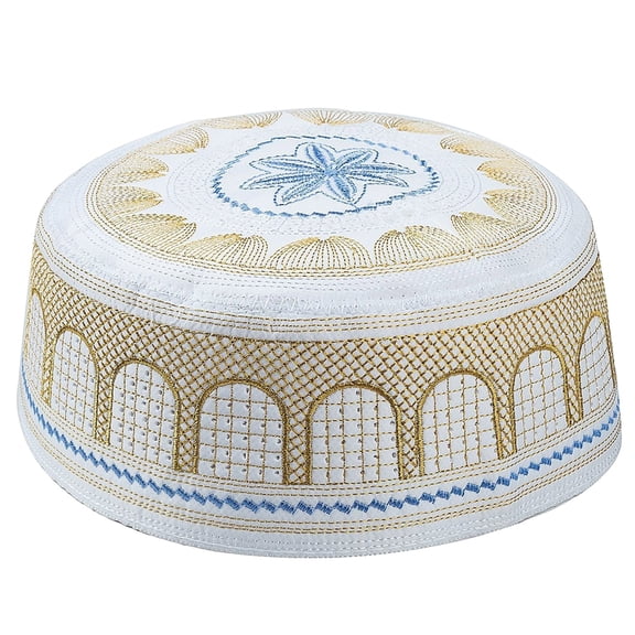 Men's Cotton Embroidered Flat Top Hat, Breathable Geometric Pattern Cap for Traditional Occasions, Lightweight Plain Weave Hat for Daily Use, Comfortable Structured Brimless Cap for Men Gold