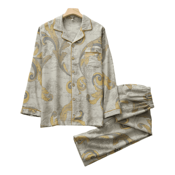 Men’s Cotton Gauze Pajama Set, Japanese Style Long Sleeve Long Pants Homewear, Yarn-Dyed 100% Cotton Spring Summer Sleepwear