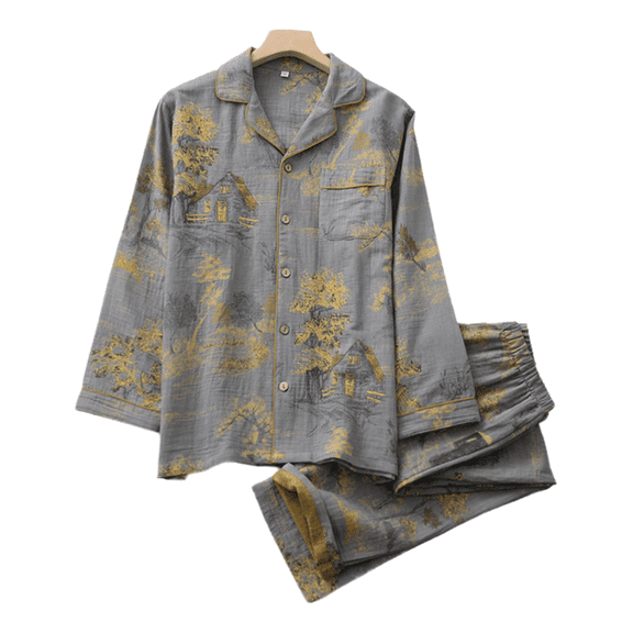 Men’s Cotton Gauze Pajama Set, Vintage Chinese Style Cardigan Sleepwear with Turn-Down Collar, Long Sleeve and Pants, Lightweight Summer Homewear