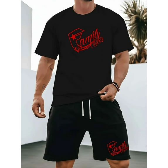 Men's Cotton Graphic Print T Shirt and Shorts Set 2 Piece Outfits Fashion Summer Tracksuits Casual Sportwear Set Black B L