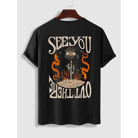 Men's Cotton Graphic T-Shirt - "SEE YOU" Desert Vibes Design with Cacti, Snakes & Stars, Casual Round Neck Short Sleeve Tee, Beige