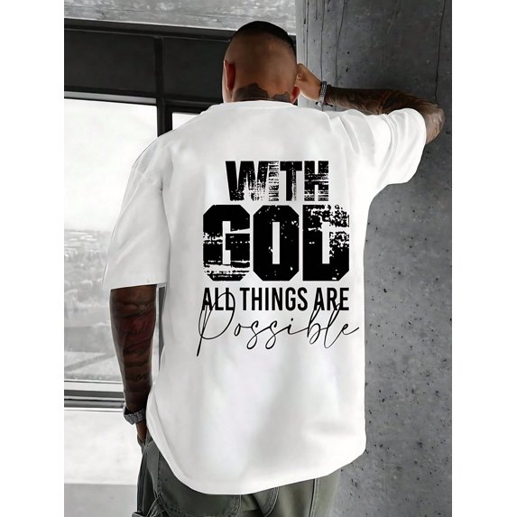 Men's Cotton Graphic Tee, Oversized "With God All Things Are Possible" Letter Print Short Sleeve T-Shirt