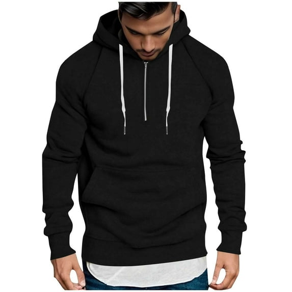 Men's Cotton Half Zip Hoodie Pullover Sweaters Drawstring Hooded Plain Sweatshirt with Pocket Long Sleeve Tops (3XL, Black)