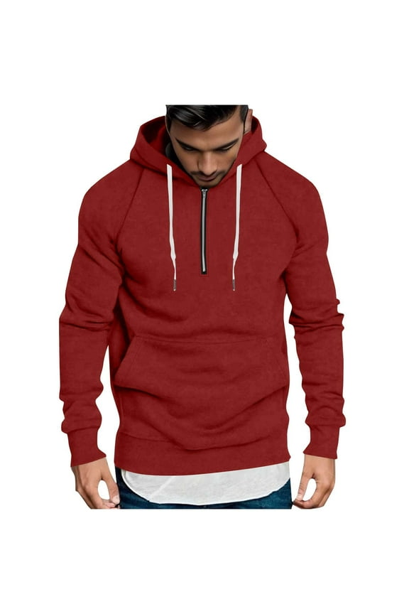 Men's Cotton Half Zip Hoodie Pullover Sweaters Drawstring Hooded Plain Sweatshirt with Pocket Long Sleeve Tops (M, Red)