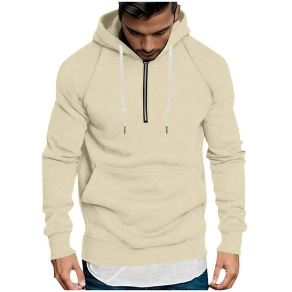 Men's Cotton Half Zip Hoodie Pullover Sweaters Drawstring Hooded Plain Sweatshirt with Pocket Long Sleeve Tops (XL, Beige)