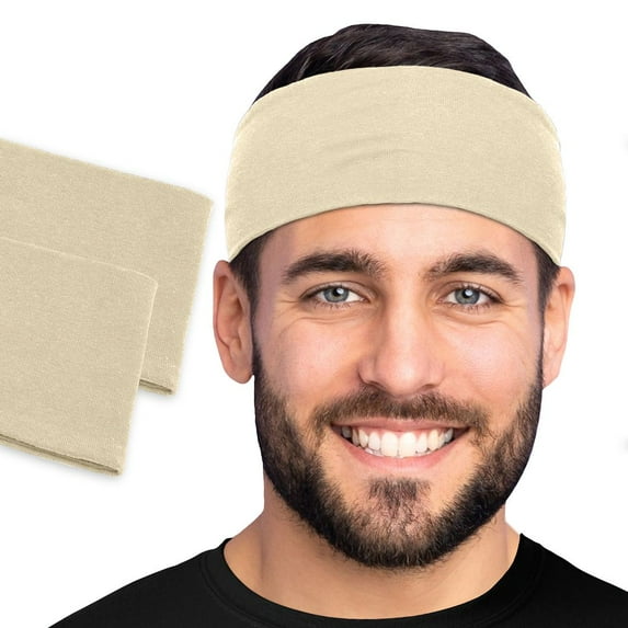 Men's Cotton Headband Sweatband 2-Pack 3" Wide Size Large Yoga Sports Fitness Made in USA Cream