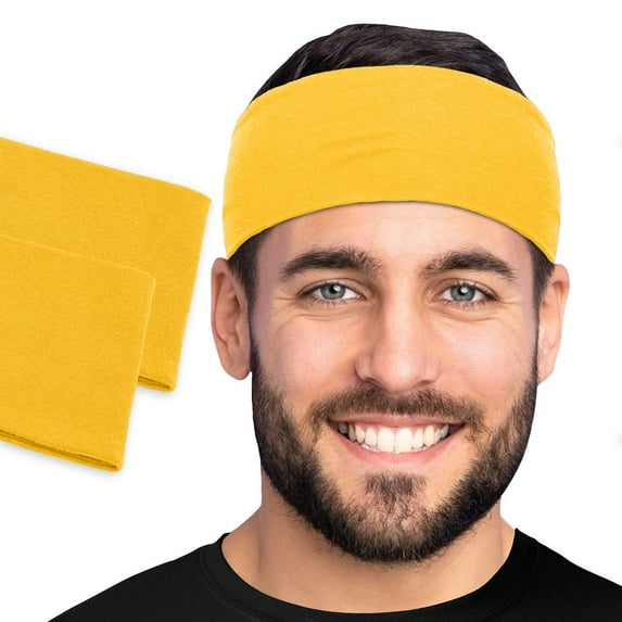 Men's Cotton Headband Sweatband 2-Pack 3" Wide Size Large Yoga Sports Fitness Made in USA Yellow Mustard