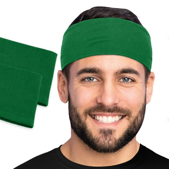 Men's Cotton Headband Sweatband 2-Pack 3" Wide Size X-Large Yoga Sports Fitness Made in USA Green