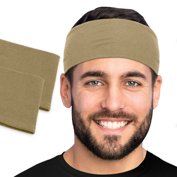 Men's Cotton Headband Sweatband 2-Pack 3" Wide Size X-Large Yoga Sports Fitness Made in USA Khaki