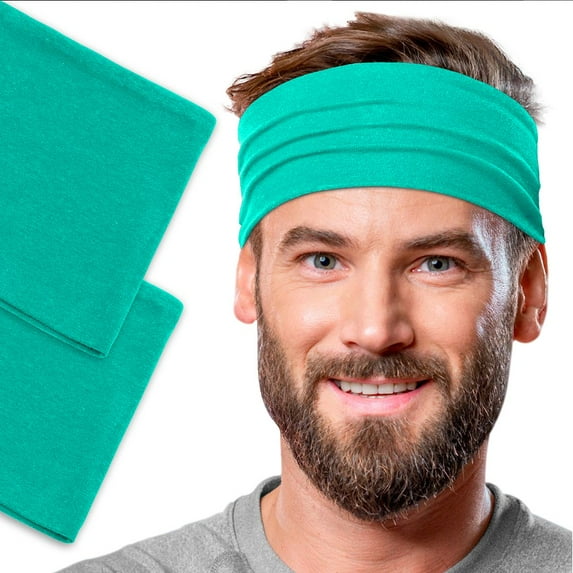 Men's Cotton Headband Sweatband 2-Pack 5" Wide Size X-Large Yoga Sports Fitness Made in USA Jade