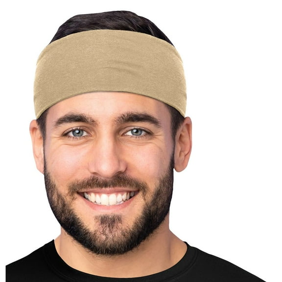 Men's Cotton Headband Sweatband 3" Wide Size Large Yoga Sports Fitness Made in USA Beige