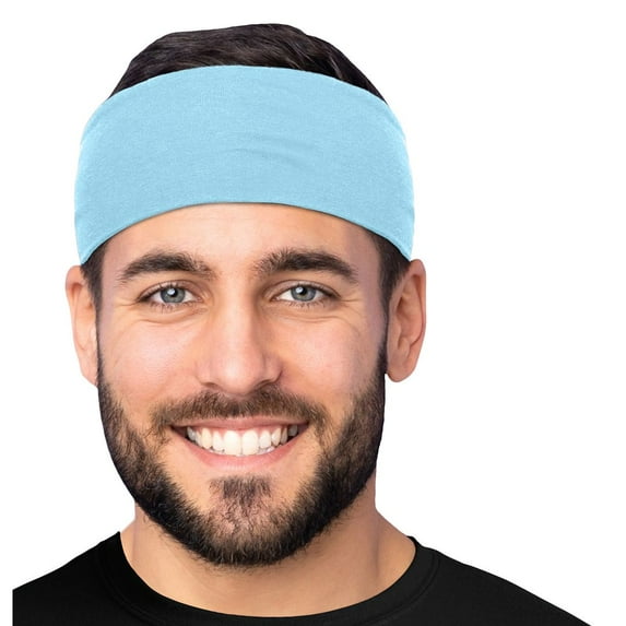 Men's Cotton Headband Sweatband 3" Wide Size Medium Yoga Sports Fitness Made in USA Blue Light