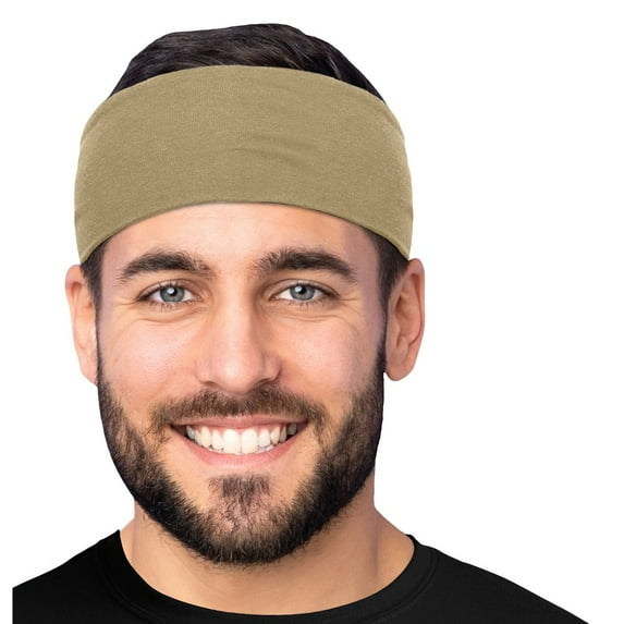 Men's Cotton Headband Sweatband 3" Wide Size Medium Yoga Sports Fitness Made in USA Khaki