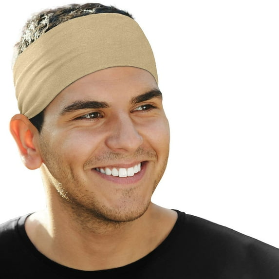 Men's Cotton Headband Sweatband 3" Wide Size X-Large Yoga Sports Fitness Made in USA Beige