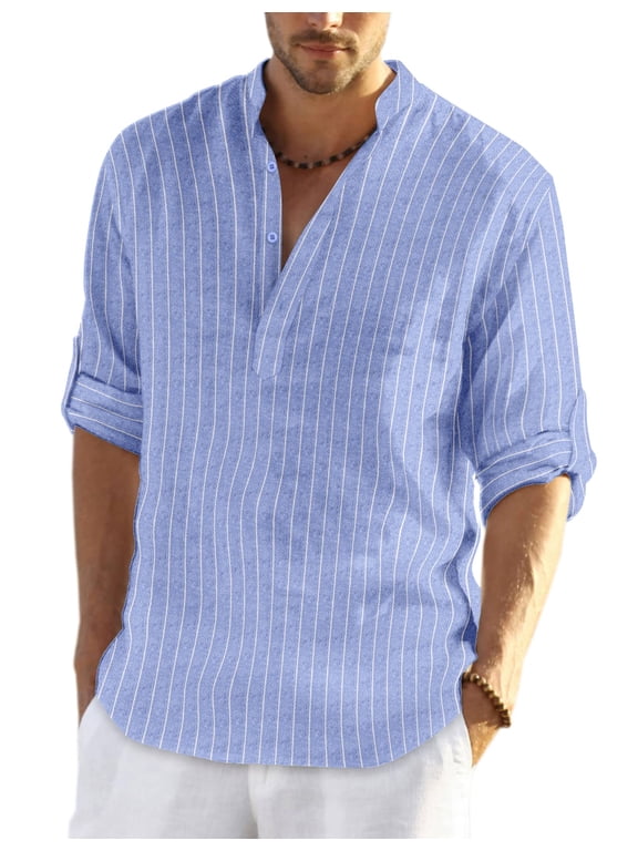 Men's Cotton Hemp Long Sleeve Casual Beach Henley Shirt (Blue Stripe Large)