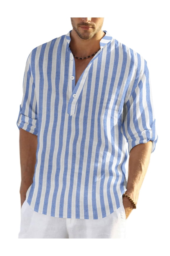 Men's Cotton Hemp Long Sleeve Casual Beach Henley Shirt(Blue White Striped,L)