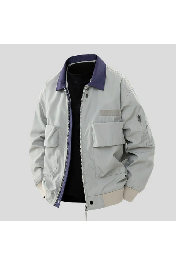 Men's Cotton Jacket Lightweight Casual Windbreaker Stand Collar Bomber Jackets Coat with Multi Pockets Silver XXL(XXL)